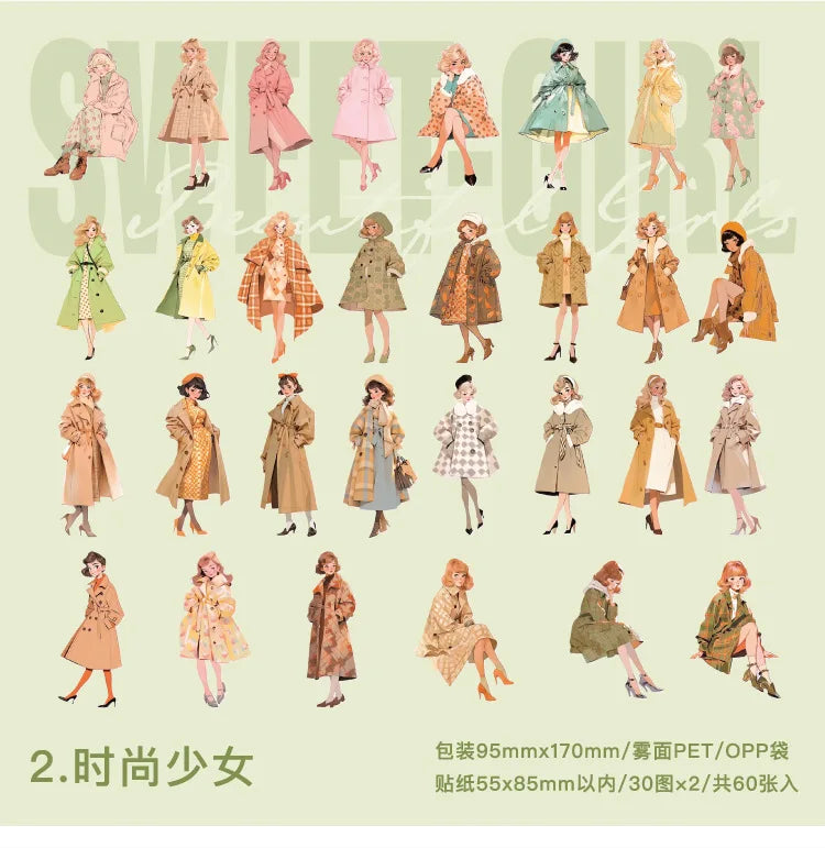 60 pcs Hand malerei Mode süße Mädchen Menschen Aufkleber Vintage Cartoon Mode Mädchen Sammelalbum Ölgemälde Illustration Aufkleber.