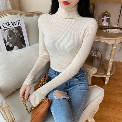 2023 herbst Winter Frauen Langarm Gestrickte Foldover Rollkragen Rippen Pull Pullover Weiche Warme Femme Jumper Pullover Kleidung