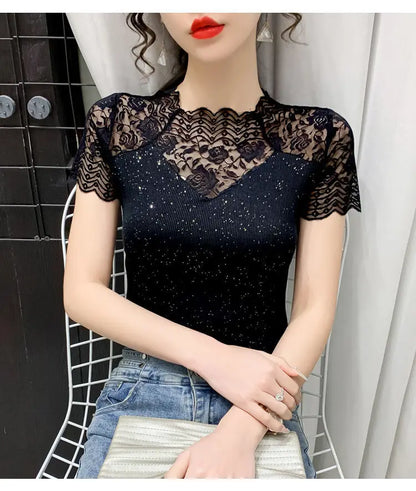 Summer Women Tops Patchwork Bright silk Mesh T shirt Pathcwork Short Sleeve Lace Shirt.