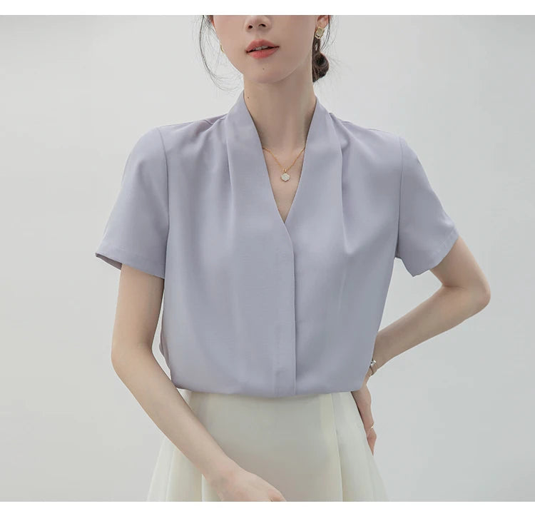 2025 Fashion Summer Short Sleeve V-Neck Women Blouse White Blouse Shirt Women Tops Blouses Shirts Blusas Para Mujer Camisas XL86.