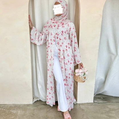 Muslim Abaya Set Luxury EID Islamic Kimono Muslim Women Dress Floral Printed Chiffon Modest Gorgeous Dubai Abaya Dress Suit.
