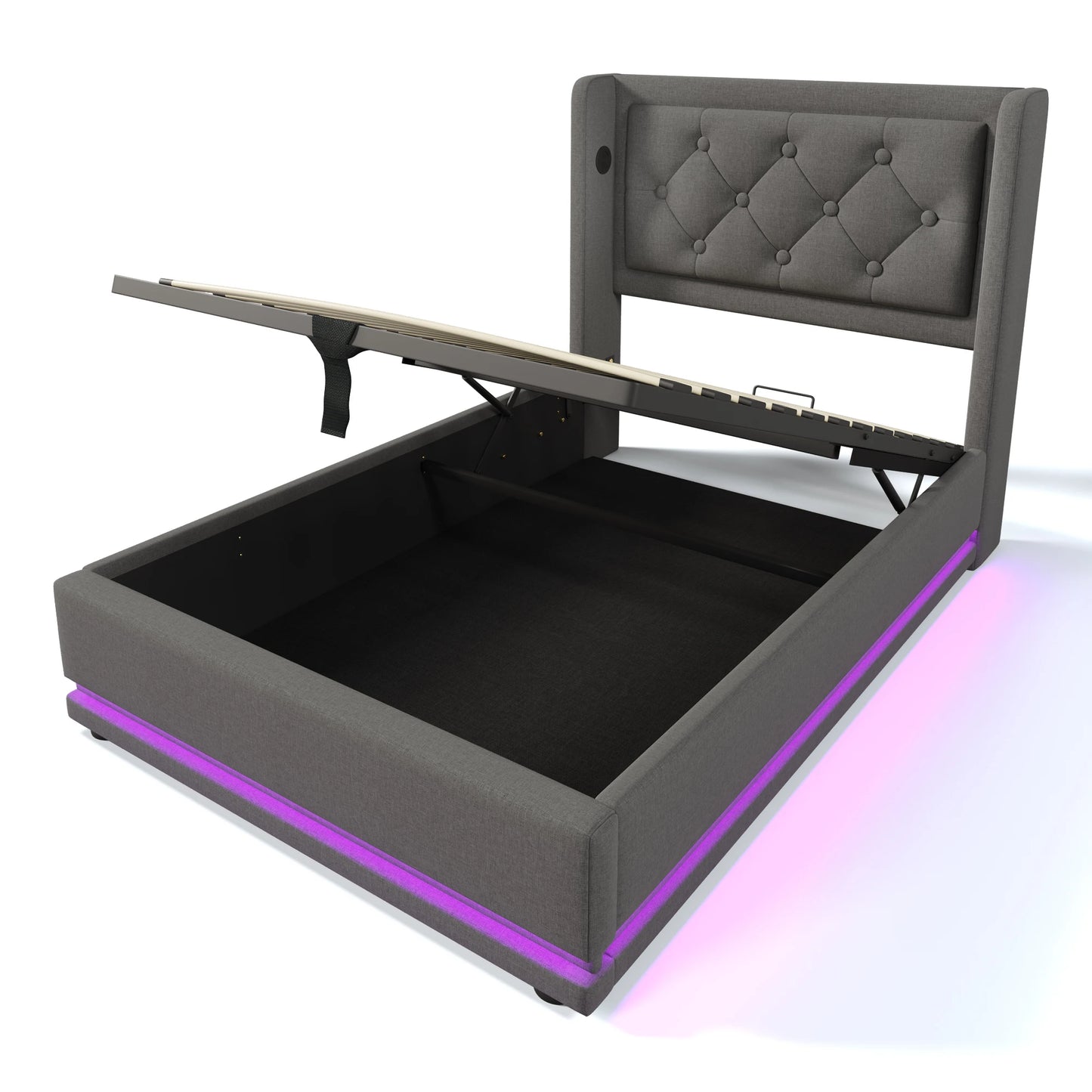 Gepolstertes Einzelbett 90x200 cm, graue Baumwolle, USB-C-Aufladung, 3-seitige LED (keine Matratze)