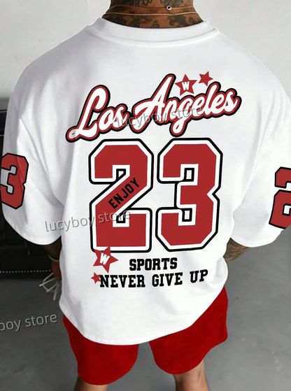 LOSANGLES NO.23 Print Men'S Summer Casual Short Sleeve T-Shirt Shorts Set Adult Basketball JoggingOversized 2 Piece Set Clothes.