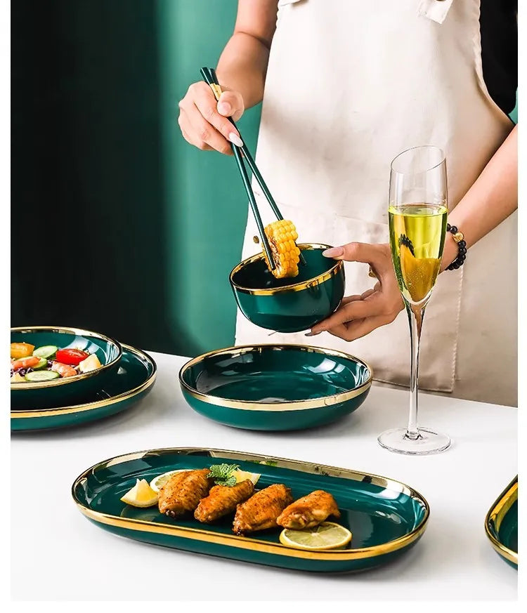 High-end Green Ceramic Plate Home Porcelain Dinner Plate Exquisite Ceramic Bowl Custom Large Size Fish Plate Kitchen Accessories.