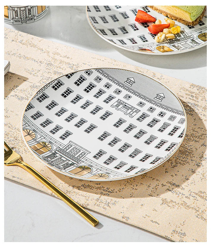 European-style Roman Architecture Ceramic Disc Coffee Cup Snacks Main Course Plate Kitchen Tableware Coffee Mug Storage Tray.
