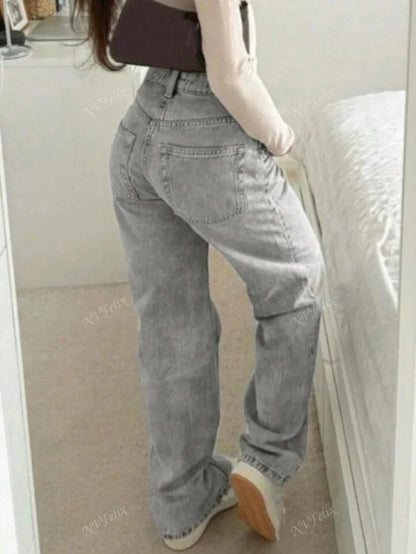 Jeans Women Straight Pants Denims Washed High Waist Distressed Pockets Female 2025 Streetwear Vintage Full Length Trousers.