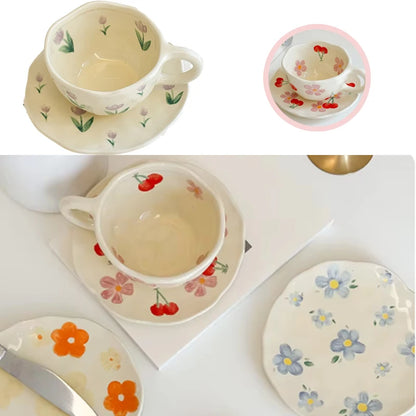 Flower Pattern Ceramic Cup Korean Style Saucer Set Hand Pinched Irregular Coffee Milk Cup Afternoon Tea Tableware Gifts for Home.