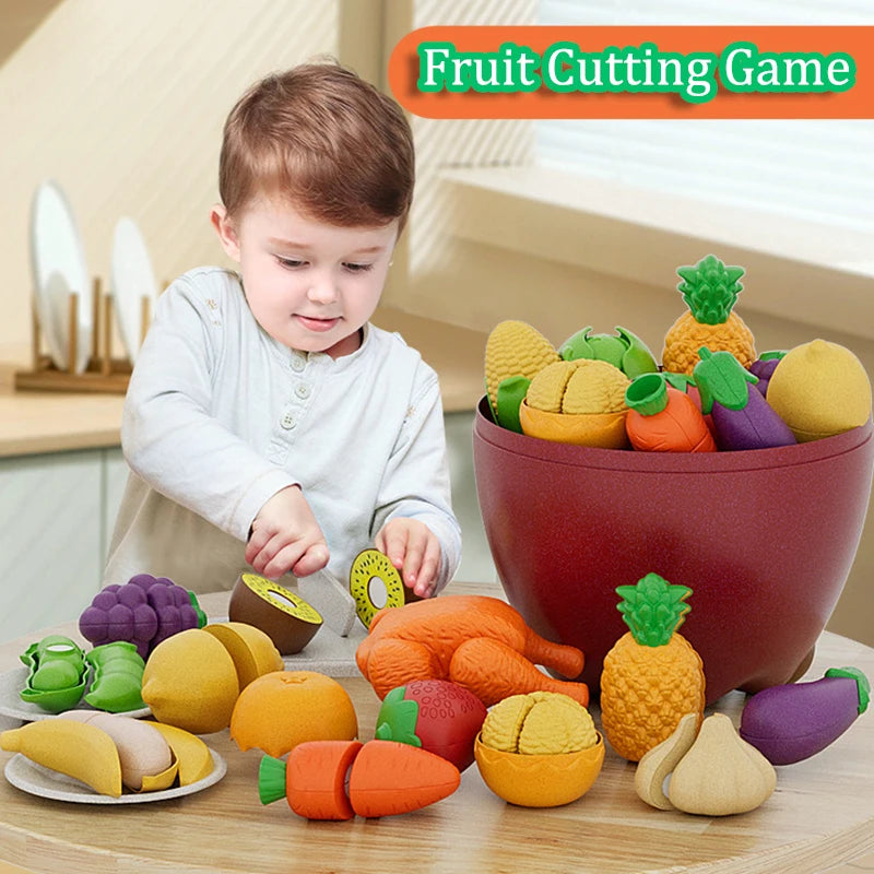 Kid Pretend Play Kitchen Toy Set Simulation Cut Fruit Vegetables Sensory Game Make Pizza Food Cook Girl Interactive Education To.