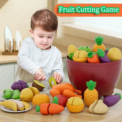 Kid Pretend Play Kitchen Toy Set Simulation Cut Fruit Vegetables Sensory Game Make Pizza Food Cook Girl Interactive Education To.