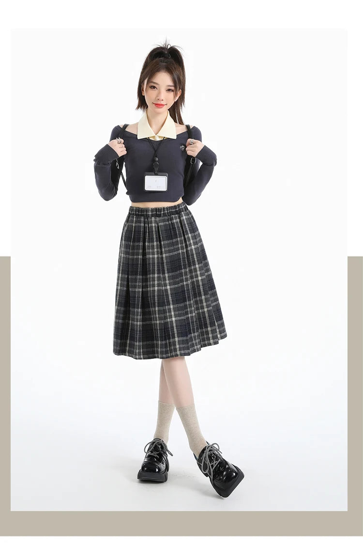 Preppy Style Woolen Pleated Plaid Skirt Women Fall Winter Retro Elastic High Waist Skirts Female Japanese A Line Faldas 2025 New.