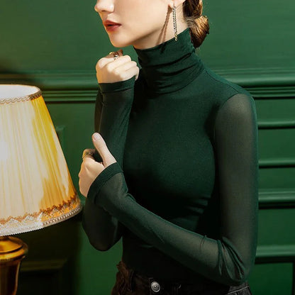 Women Mesh T Shirt Solid Green Blue White Black Wine Ladies T-Shirt With Long Sleeve Shirt Slim Stretch Bottoming Top Size S-4XL.