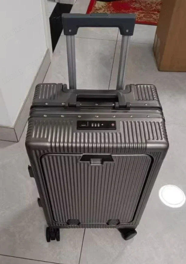 Vorne öffnender Rollgepäckkoffer mit großer Kapazität, Aluminiumrahmen, ABS + PC-Trolley, Koffer, USB-Lade-Boarding-Koffer.