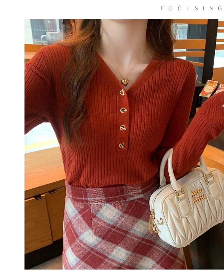 2025 Autumn Winter Women Sweaters Casual Slim Button Knitted Pullover Sweater Femme Basic Solid Jersey Tops Fashion Clothes.