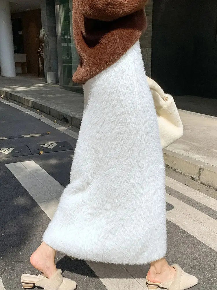 Autumn Winter New Knit Long Skirt Women Casual Thick Korean High Waist Soft A-Line Skirt.