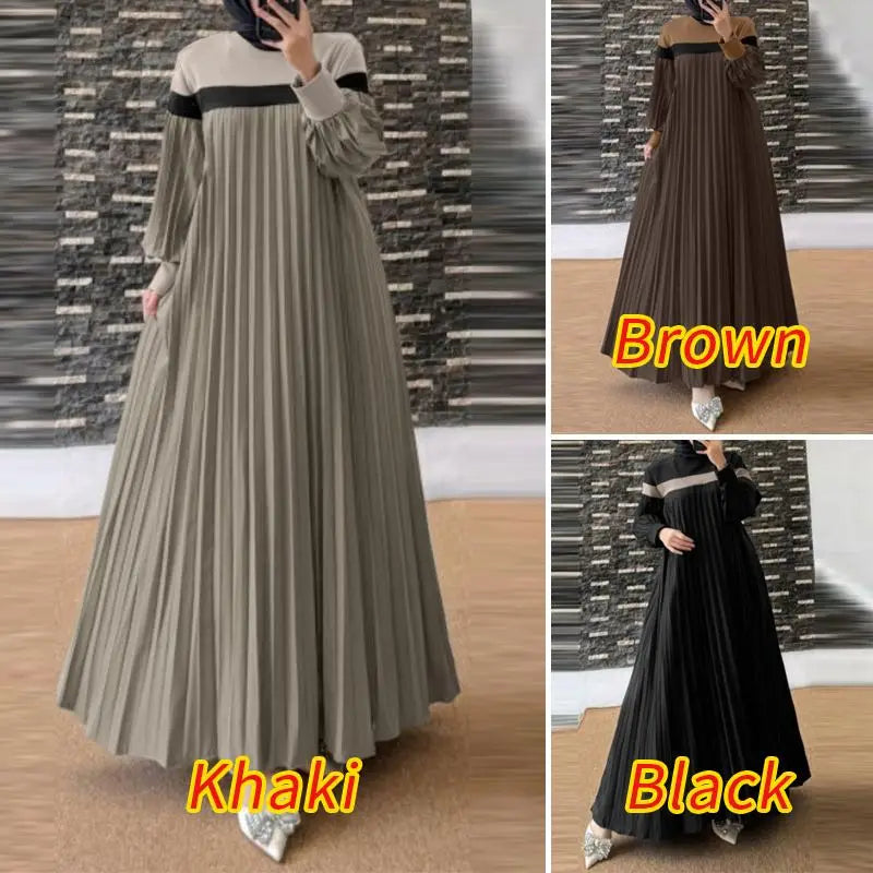 2025 ZANZEA Fashion Women Autumn Long Lantern Sleeve Muslim Dress Abaya Islamic Robe Kaftan Patchwork Sundress Pleated Vestidos.