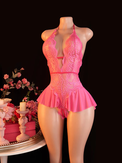 Pink Sexy Lace Bodysuits Crotchless Deep V Open Teddy Babydoll Sheer Sleepwear Elegant & Seductive Erotic Lingerie For Women.