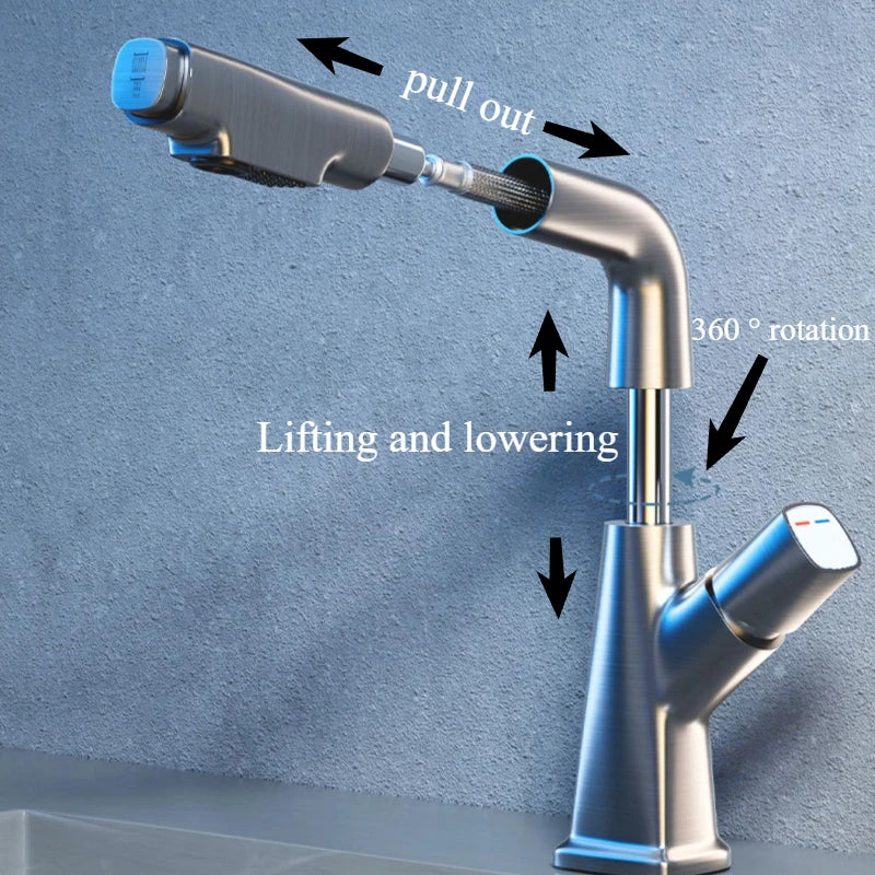 Hot and cold faucet bathroom sink vanity with pull-out function that can be raised and lowered 360º rotating mixing spray faucet