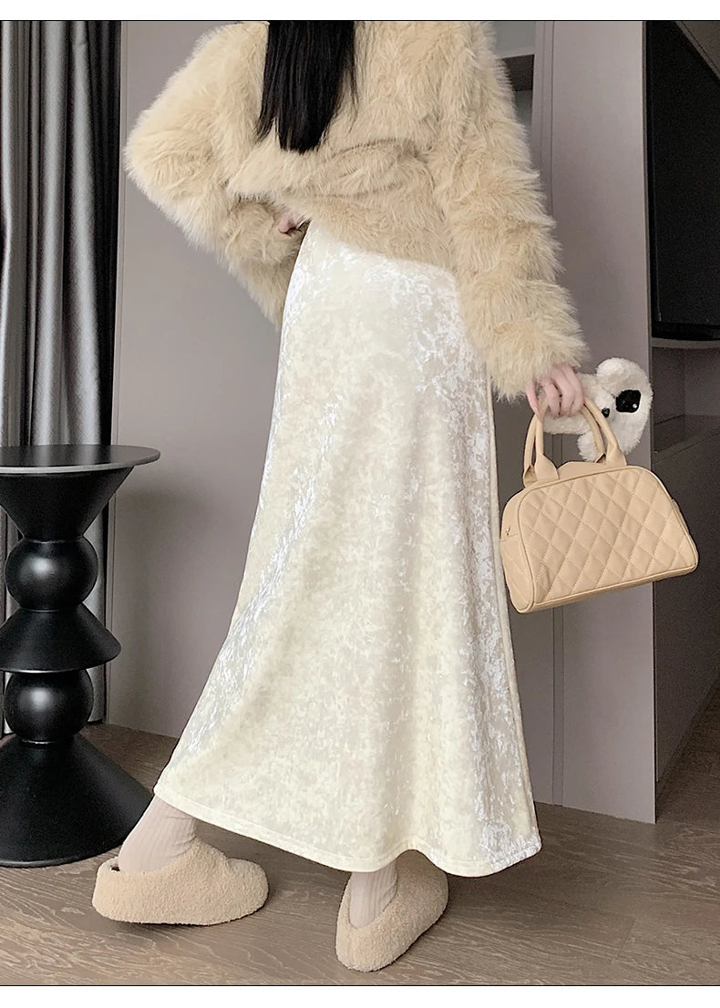 Plush Velvet Midi Skirt - 2025 New High-Waisted A-Line Mermaid Hem Skirt, Fleece-lined, Autumn Winter Thick Velvet Skirt.