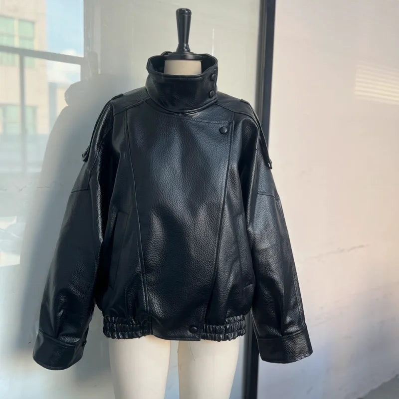 Street PU Leather Loose Jacket Women Fashion Solid Full Sleeve Stand Collar Single Breasted Coats Female 2025 Autumn Lady Coat.