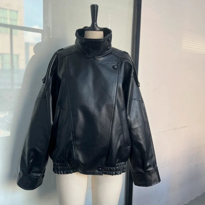 Street PU Leather Loose Jacket Women Fashion Solid Full Sleeve Stand Collar Single Breasted Coats Female 2025 Autumn Lady Coat.