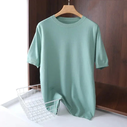 2025 Superfine Merino Wool T Shirt Men's Knitted O-neck Breathable Thin Cashmer Short Sleeve Tee Solid Color Tops.