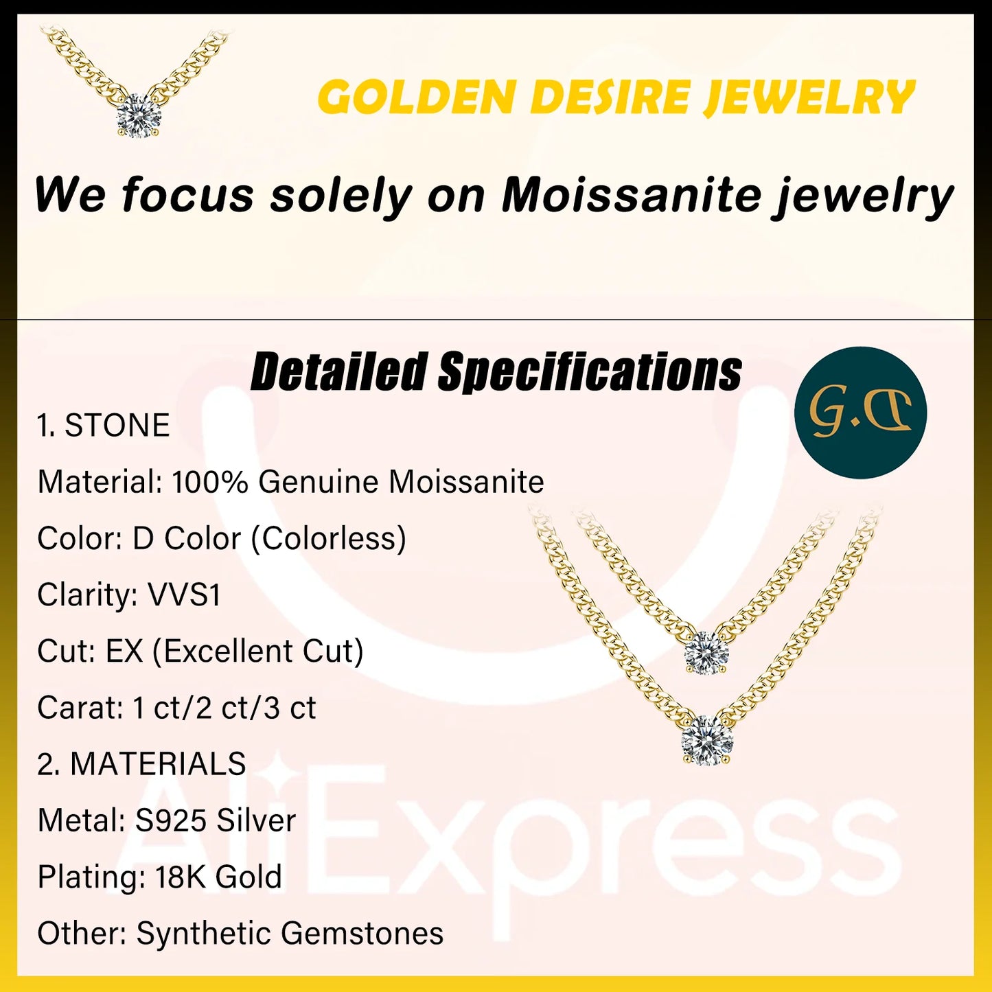 1ct 2ct 3ct Moissanite Cuban Chain Pendant Necklace - Elegant Design in 18K Gold Plated S925 Sterling Silver for Women.