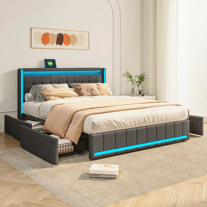Lazyspace Leinen-Polsterbett mit 4 Schubladen, moderner Doppelbettrahmen mit LED-Beleuchtung und USB-Ladeanschluss, funktionelles Bett