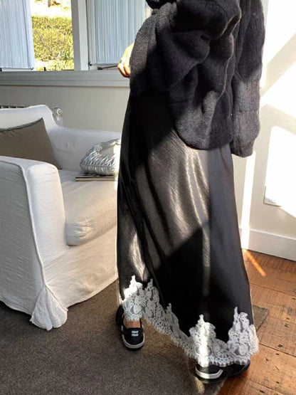 Satin Lace Patchwork Midi Skirt 2025 Women A-line Elegant Smooth Skirt Women Clothing.