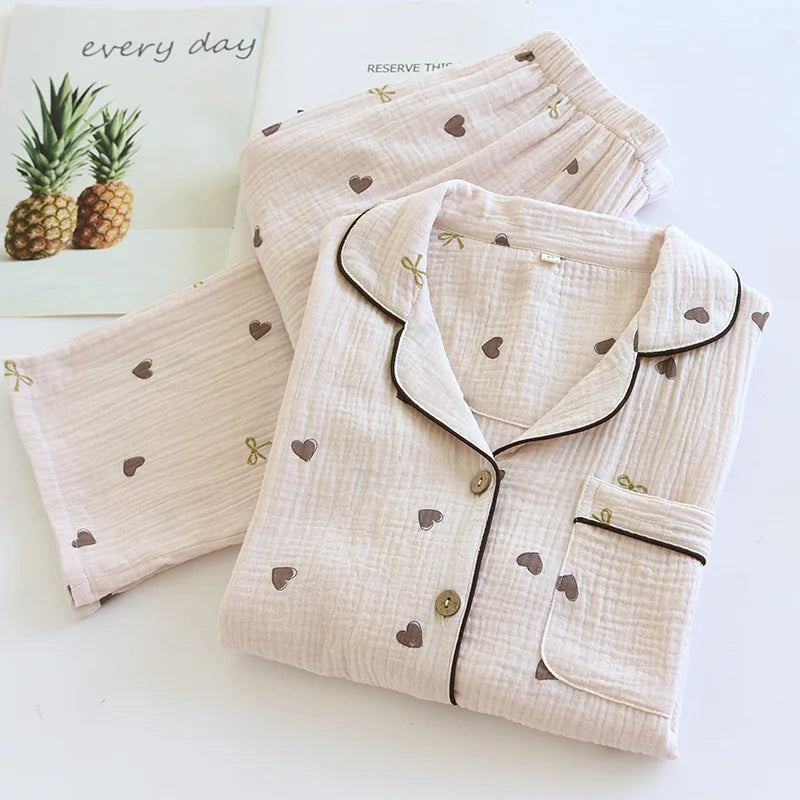 2025 neue Frühjahr/Sommer frauen Pyjama Set 100% Baumwolle Crepe Nette Liebe Langarm Lange Hosen Zwei Stück set Strickjacke Hause Kleidung.