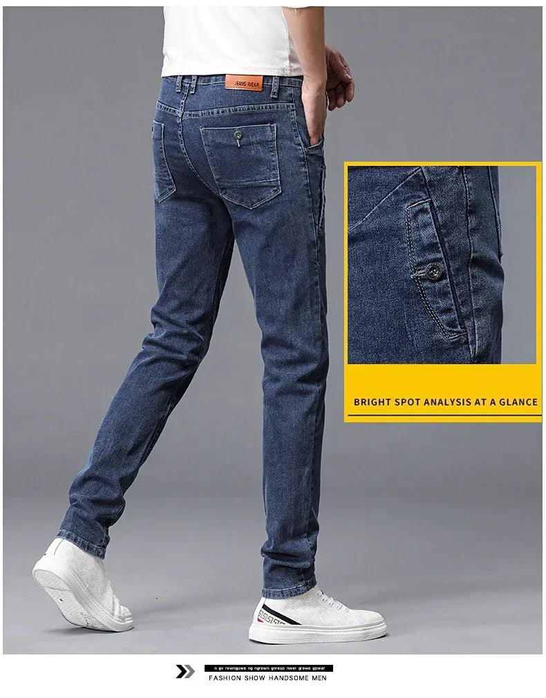 2024 New Men's Skinny Jeans Blue Gray Cotton Elasticity Straight Pencil Foot Slim Fit Fashionable Casual Denim Long Pants Male.