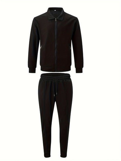 Men's Slim Fit Jacket with Zipper Pocket, Long Sleeved Sportswear, Cardigan Jacket Set, Long Pants, Elegant, two-Piece Set.