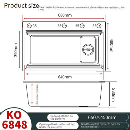 Stainless steel Kitchen Sink Thick Embossed Large Single Slot vegetable washbasin Dishwashing Sink Undermount Basin