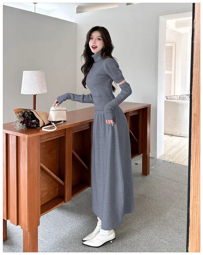 VigoAnne Spring Autumn 2025 Turtleneck Knit Woman 2 Piece Set Casual Solid High Waist Skirts Suits Korean Lady Long Dress Suit