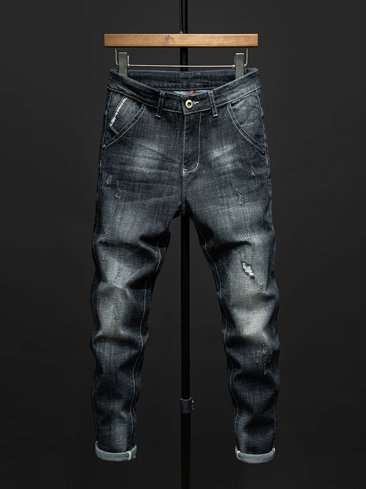 Fashion Ripped Men's Slim Straight Stretch Jeans Korean Personality Streetwear Denim Pants Classic Black Hip Hop Male Trousers.