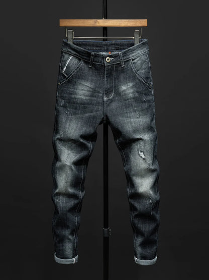 Fashion Ripped Men's Slim Straight Stretch Jeans Korean Personality Streetwear Denim Pants Classic Black Hip Hop Male Trousers.