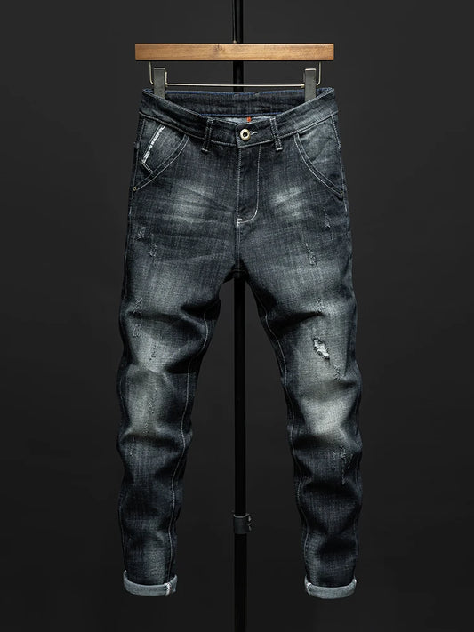 Fashion Ripped Men's Slim Straight Stretch Jeans Korean Personality Streetwear Denim Pants Classic Black Hip Hop Male Trousers.