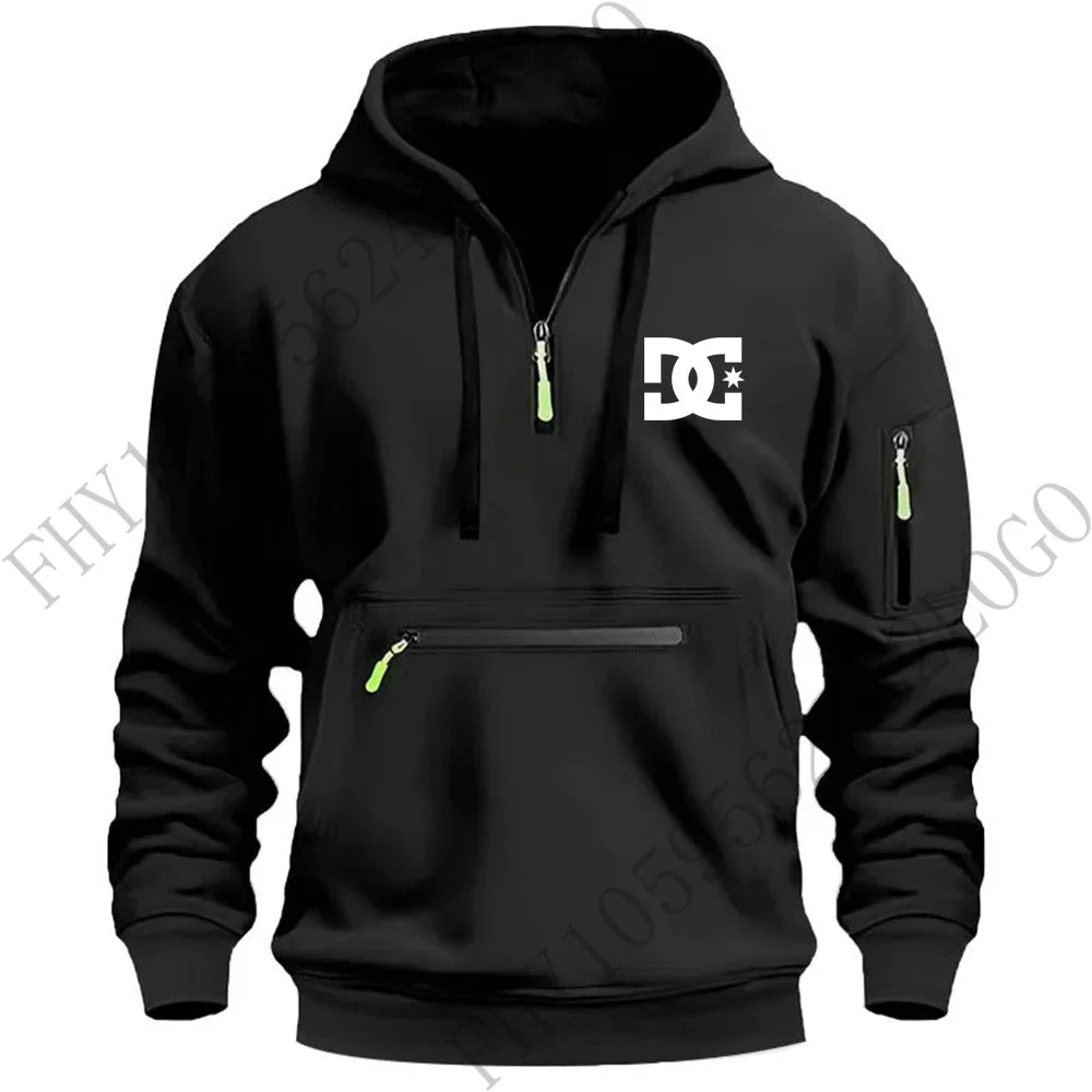 New men's hooded sportswear for autumn and winter 2025, long-sleeved multi-zipper pocket outdoor fishing casual pullover.