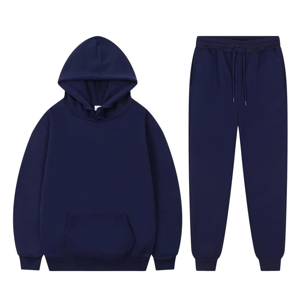 Men's Casual Tracksuit Autumn Fleece Warm Sweatshirts Sweatpants Suit Daily Sports Hooded Sweatshirts + Jogger Pants 2-piece Set.