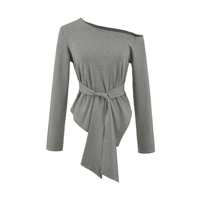 Sexy Long Sleeve T-Shirt Women's Waist Cinched Shoulder Bared Strap Design Autumn 2025 Irregular Halter Neck Top for Trendy Girl