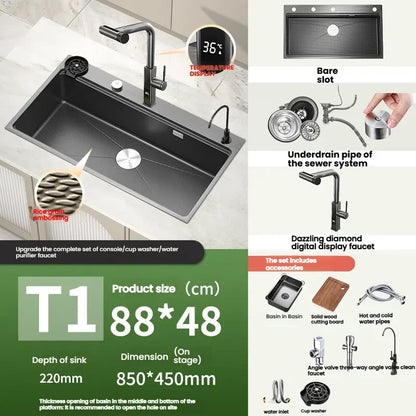 Stainless Steels Kitchen Sink Household Wash Dish and Wash Vegetables Basin Large Single Slot Multifunctional Dishwashing Bowl