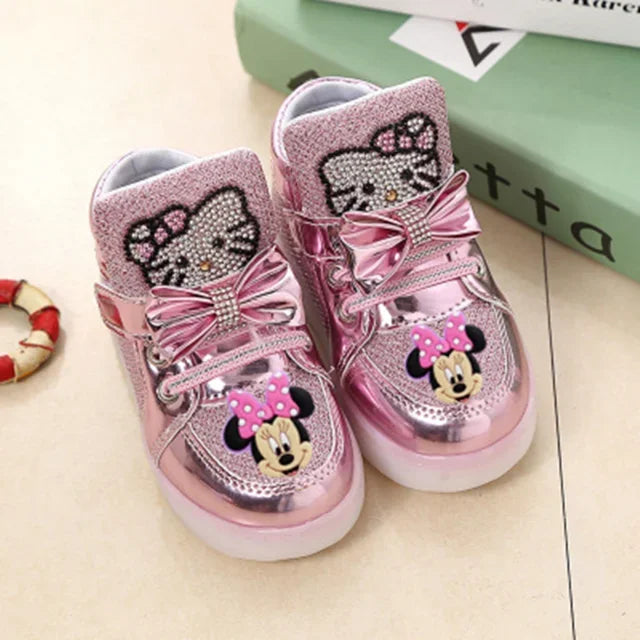 Disney Minnie girl children's sports shoes flashing shoes cartoon LED casual shoes.