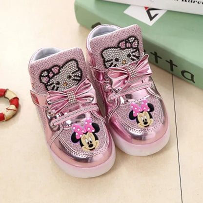 Disney Minnie girl children's sports shoes flashing shoes cartoon LED casual shoes.