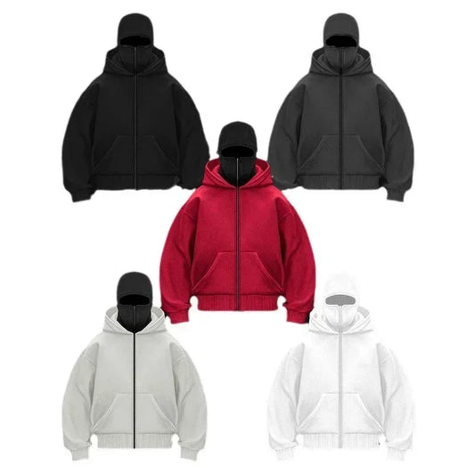 Sturmhaube Herren Kapuzenpullover mit Reißverschluss, Winter, warm, lässig, Y2K mit Kapuze, Gesichtsmaske, Reißverschluss-Design, Sportjacke, Outdoor-Aktivitäten