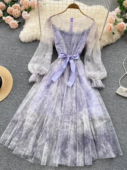 Elegante Frauen Mesh Kleid Vintage Laterne Ärmeln Gedruckt Party Kleider Frühling Sommer Patchwork A Line Bandage Strand Kleid