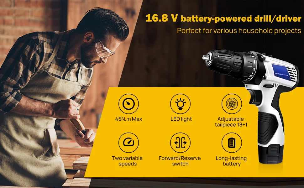 16,8-V-Akku-Bohrschrauber-Set, 2-in-1-Mini-Elektroschrauber-Werkzeuge + LED-Arbeitsleuchte, hohes Drehmoment, 45 Nm