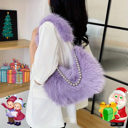 Luxurious Faux Fur Tote Bag Chic Underarm Shoulder Bag Stylish Handbag & Purse with Pearl Chain Strap, Polyester Lined Interior.