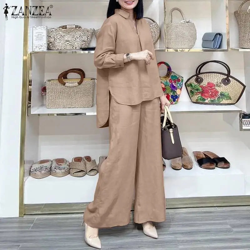 ZANZEA Fashion Women Casual Trousers Suits 2PCS Autumn Long Sleeve Blouse Solid Wide Leg Pants Sets Loose Work Tracksuit Outifit.