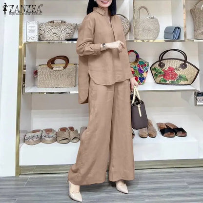 ZANZEA Fashion Women Casual Trousers Suits 2PCS Autumn Long Sleeve Blouse Solid Wide Leg Pants Sets Loose Work Tracksuit Outifit.