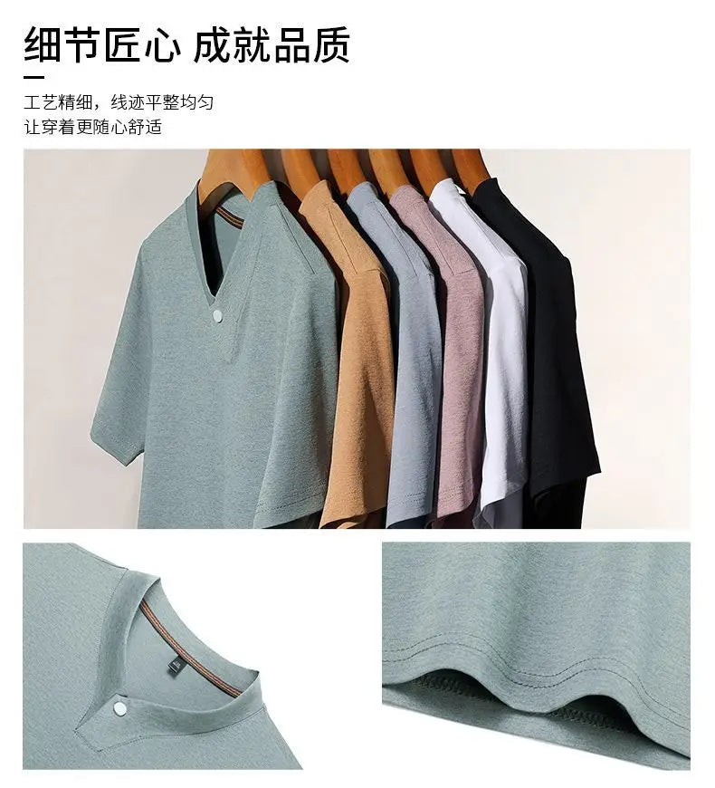 Men's T-shirt Classic V-Neck Short Sleeved Cotton Solid Button Super Soft High Quality L-4XL Casual Tshirt Design Men Tee Shirts.