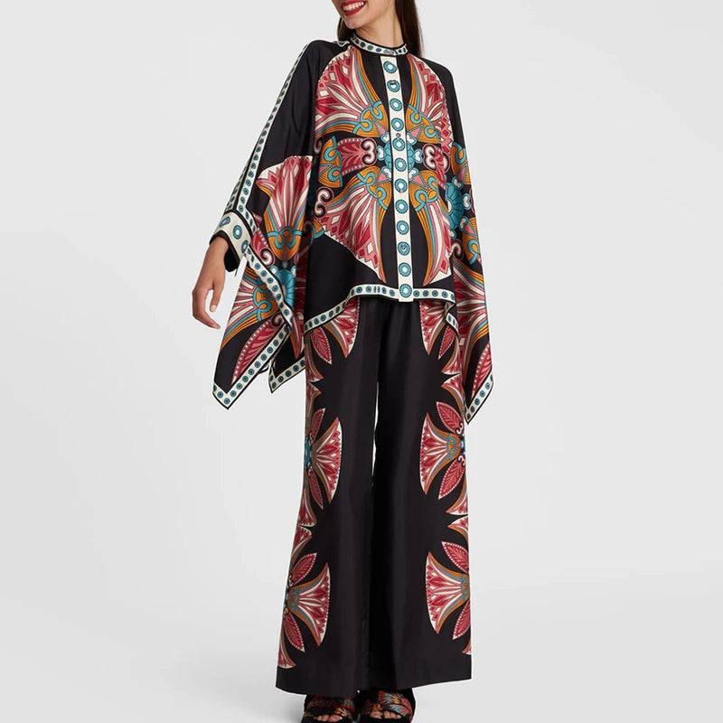 Retro Printed Loose Indie Folk Outfit Women Spring Stand Collar Button Irregular Top+Pant Set Fall Batwing Long Sleeve 2pcs Suit